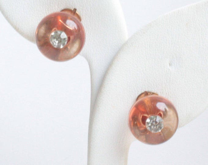 Apple Juice Lucite Earrings Rhinestones Shoe Button Style Clip On Style Vintage