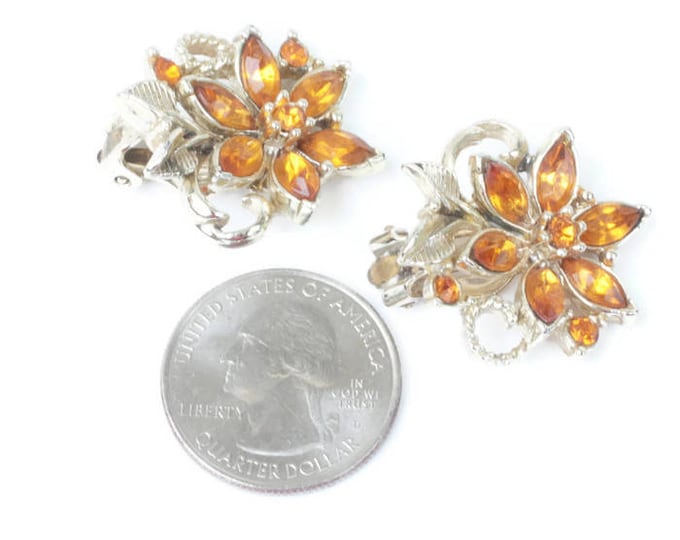 Topaz Amber Rhinestone Earrings Floral Design Clip On Style Vintage
