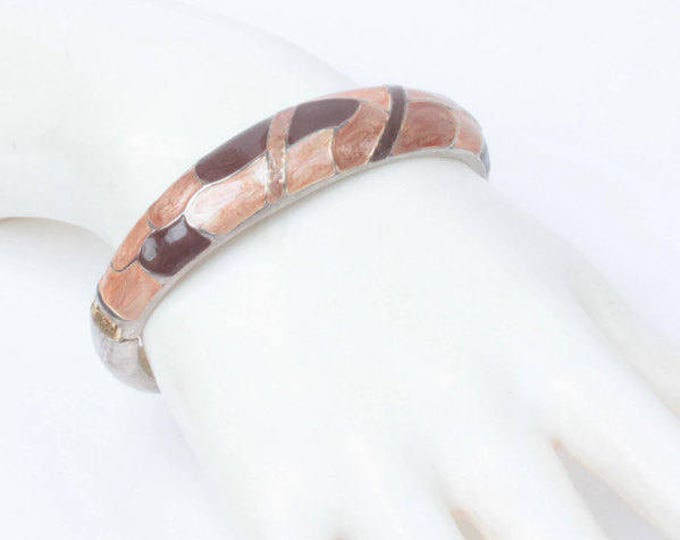 Brown Tan Enamel Bangle Bracelet Hinged Vintage Larger Wrist