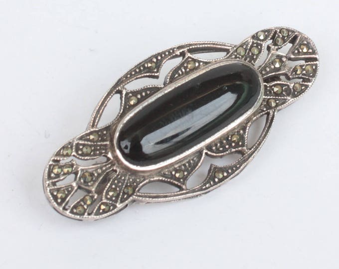 Art Deco Style Black Cabochon Brooch Marcasites Sterling Silver Oval Shape Cut Outs Vintage