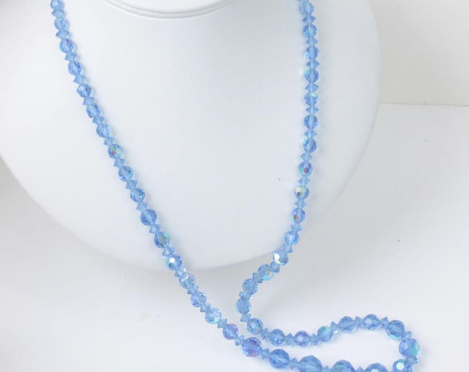 Blue AB Crystal Necklace Faceted Graduated Size Beads 30 Inches Long