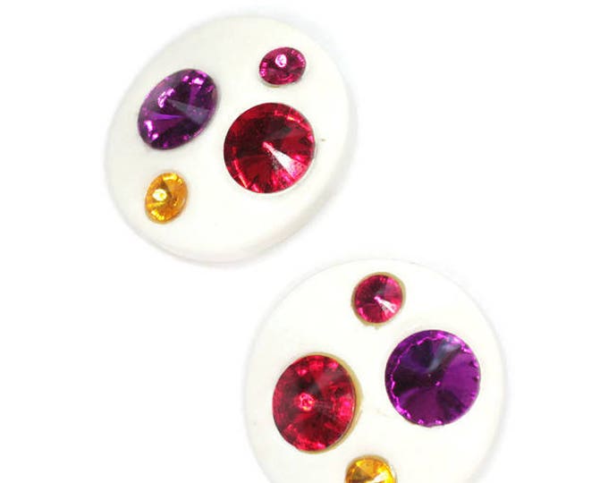 White Lucite Rhinestone Earrings Multi Color Rivoli Stones Large Round Clip Ons