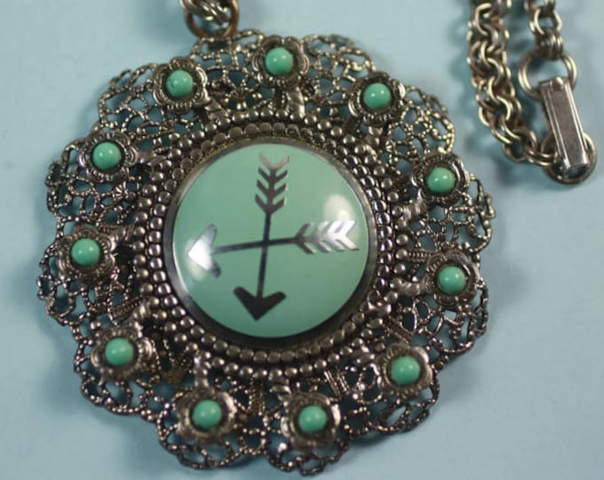 Faux Turquoise Necklace Crossed Arrow Design Southwestern Festival Boho Vintage