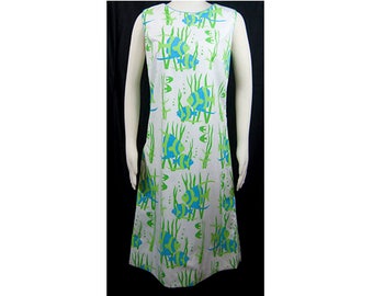 1980s The Vested Gentress White Tropical Angel Fish Hand Printed Sleeveless White Vintage Dress
