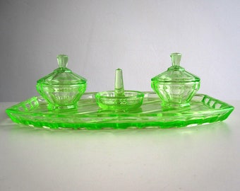 Art deco uranium glass dressing table set / Vintage green glass tray, trinket pots, ring holder c.1930s