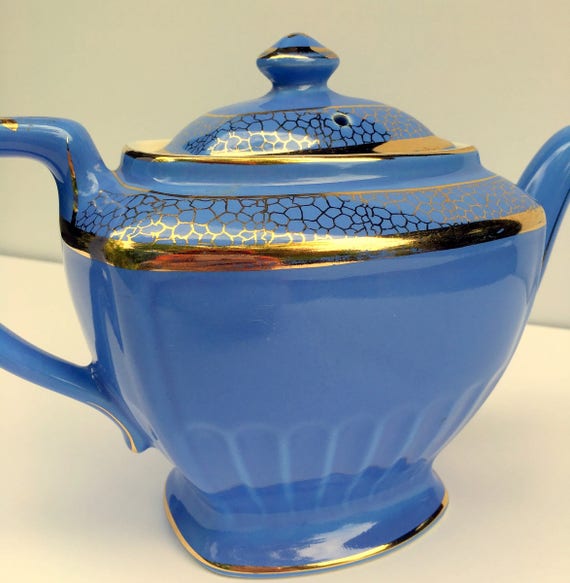 Vintage Hall Pottery 6 Cup Teapot1930sBlue With Gold Design