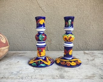 Vintage Mexican Talavera candle stick holders, Mexican pottery, rustic home decor, Talavera candle holders, candlestick ceramics and pottery