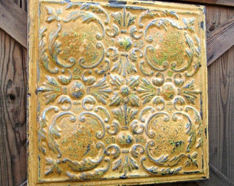 Ceiling Tin Tile, Antique FRAMED 2'x2' Pressed tin tile, Chippy old original paint, Vintage embossed metal wall decor.