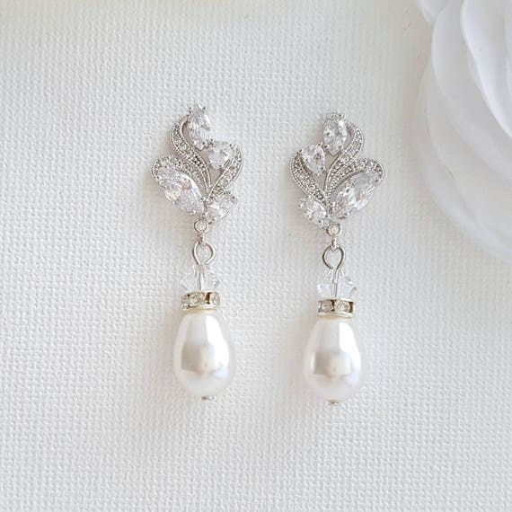 Wedding Pearl Earrings Bridal Pearl Jewelry Crystal Bridal