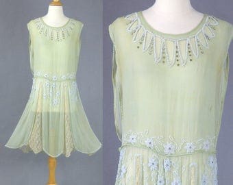 1920s Flapper Dress, 20s Beaded Dress, Mint Green Silk Chiffon and Lace Gatsby Dress with Beaded Flowers & Cutouts