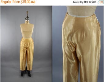 SALE - Vintage 1960s Gold Satin Pants / 60s Cigarette Pants / High Waisted / Disco Pants / Size Medium M
