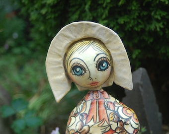 Vintage Abelardo Ruiz Blue Eyes Paper Mache / Papier Mache Girl Doll w/ Bonnet Figurine~ Mexican Folk Art ~ 12" tall ~ Signed on Base