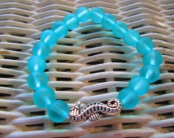 332 Womens aqua frosted round glass with seahorse bead bracelet-Teens aqua frosted round glass with seahorse bead bracelet