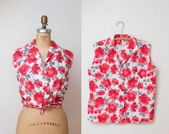 1950s Rose Print Blouse / 50s Cotton Blouse