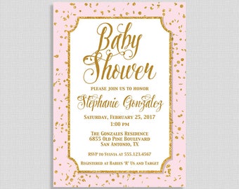 Pink and Gold Baby Shower Invitation, Gold Glitter Confetti Baby Shower Invite, Baby Girl, DIY PRINTABLE