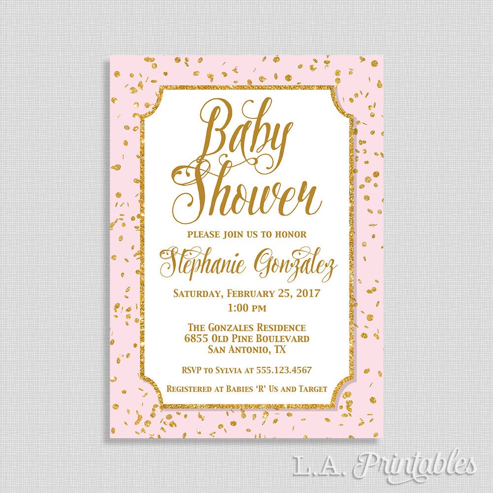 Pink and Gold Baby Shower Invitation Gold Glitter Confetti