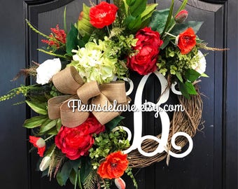 Spring Wreath for Front Door, Summer Door Wreath, Grapevine Door Wreath, Summer Wreaths, Peonies, Poppies, Mothers Day