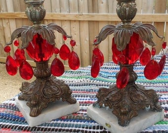 Vintage Brass and Marble Stand Candle Holders w/ Red Center & Prisms - Red Prisms - Boudoir - Fine Marble Base