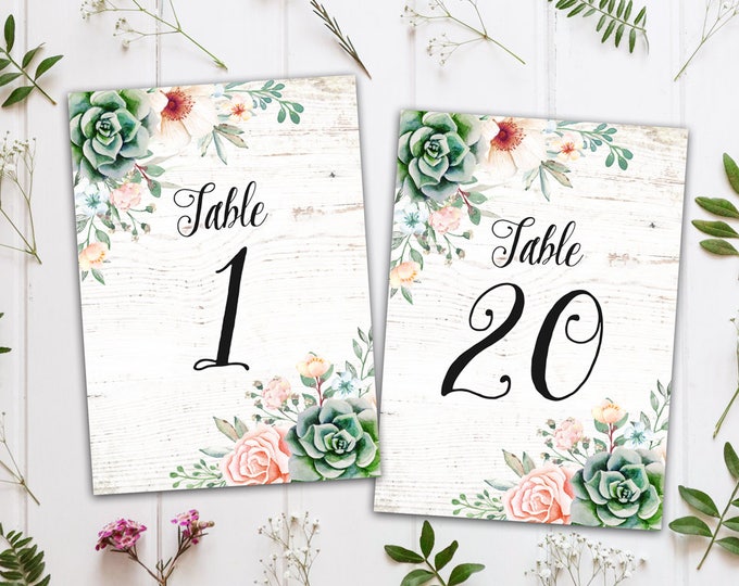 Sweet Floral Succulent Printable Wedding Table Numbers 1-20, Instant Download Print Your Own