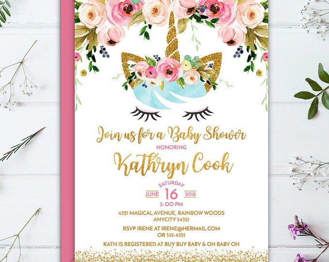 Unicorn Invitation, Floral Unicorn Baby Shower Invitation, Gold Glitter and Pastel Floral Unicorn Baby Shower Party Printable Invitation