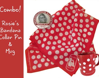 3 Great Rosie Accessories-BANDANA, Employment BADGE, Plus Polka Dot Rosie MUG. Rockabilly Style. Authentic We Can Do It! Accessories. RtR-20