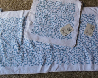Blue Design on White Hand Towel and Three Washcloths