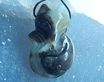 Carved Amazonite Fox Gemstone Pendant Bead,35x21x9mm,11.3g(Cp051)