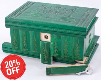 Puzzle Box Painted Carved Jewelry Box Case Wood Comes With Key, Inside Lock (Green)