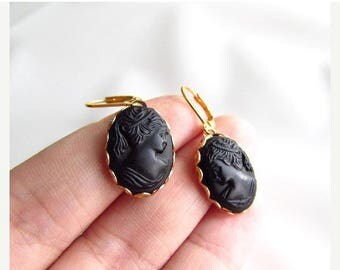 SHIPPING DELAY SALE 10% Black Cameo Earrings, Vintage Cameo Earring, Victorian Cameo Earring, Mourning Earring, Black Glass Cameo Victorian