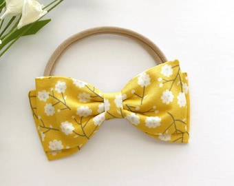 Mustard Floral Baby Bow - Mustard Baby Headband - Yellow Floral Print Bow - Mustard Yellow Baby Headband - Mustard Bow on Nylon Headband