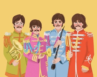 Beatles - Sgt Peppers Lonely Hearts Club Band Illustration Print - John, Ringo,Paul & George