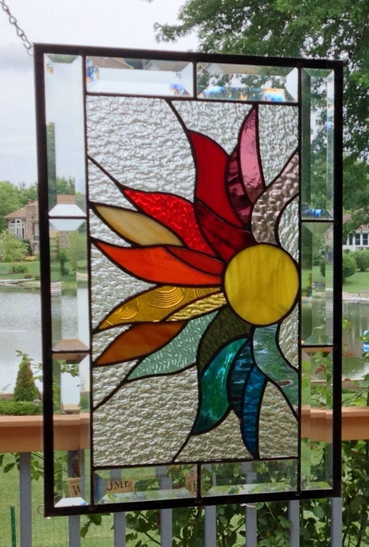 Rainbow stained glass panel window hanging flames sunray