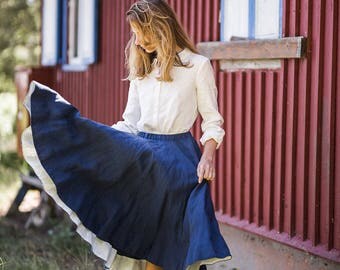 Blue Skirt, Classic Skirt, Flared Skirt, Folded Skirt, Linen Skirt, High Waisted Skirt, Pleated Skirt, Circle Skirt, Romantic Skirt