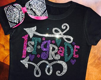 Rhinestone Youth Grade School Tees, Back to School Tees, Arrow Accents, First Grade Bling Tee, 1st Grade, 2nd Grade, 3rd Grade Tees