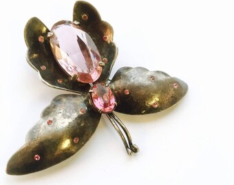 Antique Pink Glass Butterfly Brooch Jelly Belly Figural Winged Fashion Silver Jewelry