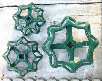 3 Ornate Valve Handles, Steel, Cast Iron, Steampunk, Industrial, Assemblage, Garden Decor, Heavy Duty, Green