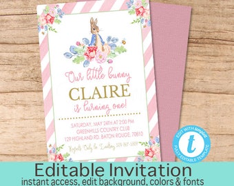 Pink Bunny First Birthday Invitation / Peter Rabbit Floral Watercolor invitation /Pink Bunny Invitation/ Vintage First Birthday Invitation
