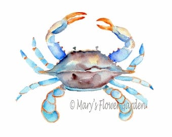 Blue Crab Watercolor-crab art, Sea Life Art, beach house decor, crab print, watercolor painting, Maryland Blue Crab, Blue Crab painting