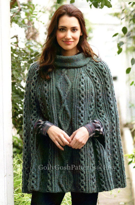 PDF Knitting Pattern Ladies Cabled Poncho or Cape in Aran
