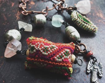 Boho bracelet set | artisan copper chain, Hmong textile, quartz crystal, boho bracelet, stacking bracelet, gypsy bracelet