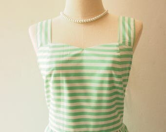 SALE Vintage Sundress Green white Stripe Dress Summer Dress Gift for Women Green Party Dress Spring Dress Vintage Modern Dress , Size M