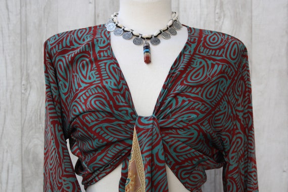 INDIAN SILK TOP - Bell sleeve crop top- Silk Tie Top- Vintage- Festival Top- Hippie- Retro- 70s- Crop Top- 100% Silk- Couture