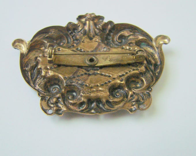 Antique Art Nouveau Black Glass Rhinestone Brooch / Ornate / Vintage Jewelry / Jewellery