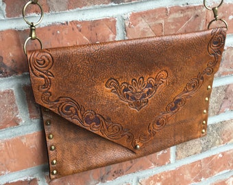 Vintage Inspired tooled Leather Clutch