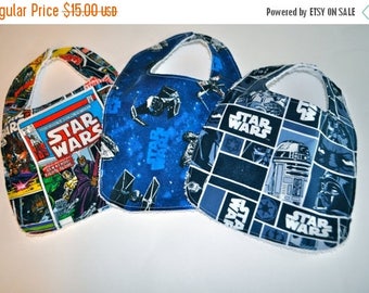 ON SALE 3 Star Wars Baby bibs, Star Wars Bibs, Terry cloth backed baby bibs, set of 3 bibs in Star Wars prints, Millennium Falcon, R2-D2, C
