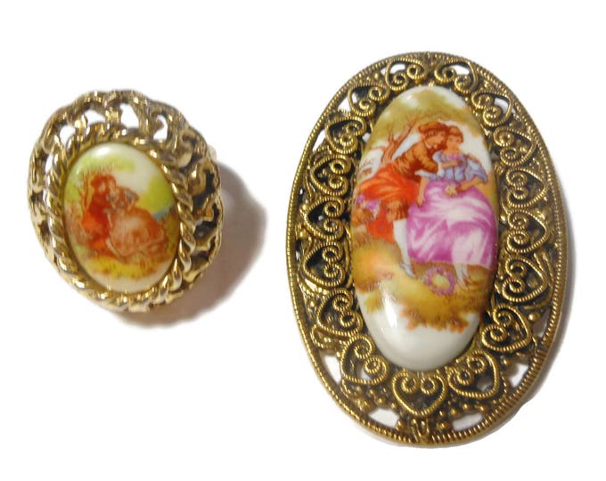 FREE SHIPPING Transferware adjustable ring, hand painted couple, idyllic setting oval ceramic cabochon inside gold ornate frame, gold plated