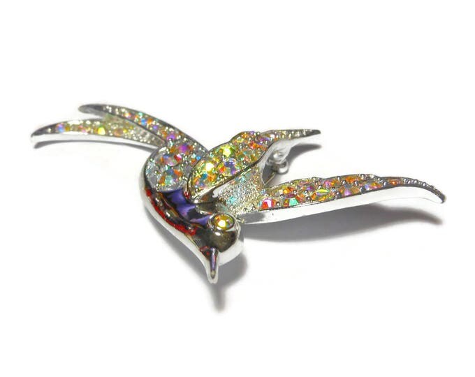 FREE SHIPPING Sarah Coventry bird brooch, Bird of Paradise, 1960 AB Aurora Borealis open work, pave rhinestone