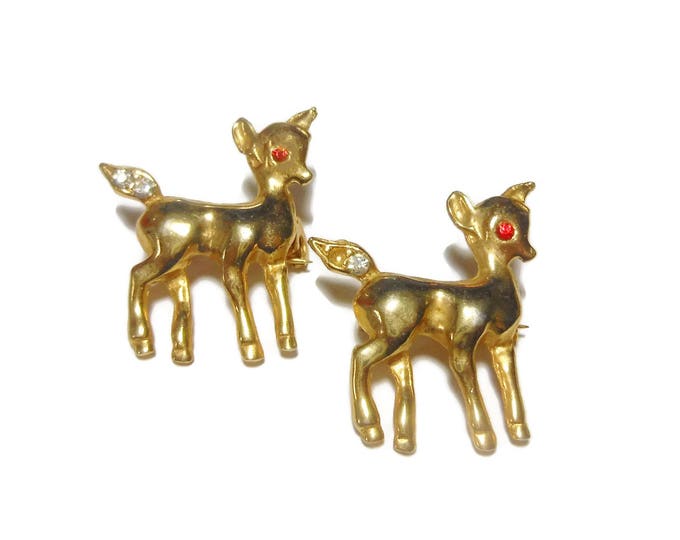 Deer scatter brooches, tie tacks lapel pins, pair fawn baby deer, doe gold tone with red rhinestone eyes and clear rhinestone tails, forest