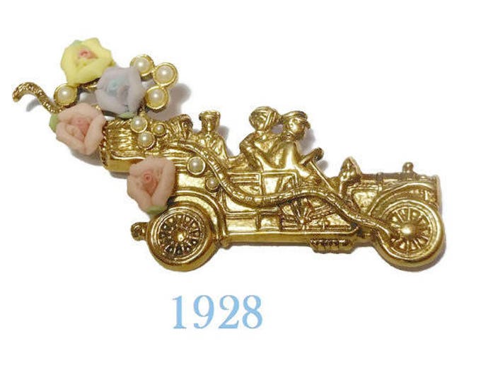 1928 car brooch, touring car automobile with yellow, pink and purple ceramic roses and small faux pearl flower.