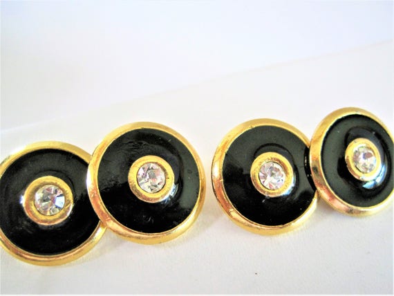 Black Enamel Rhinestone Cuff Links - Unisex Mens or Womens - Two Sided Cuff